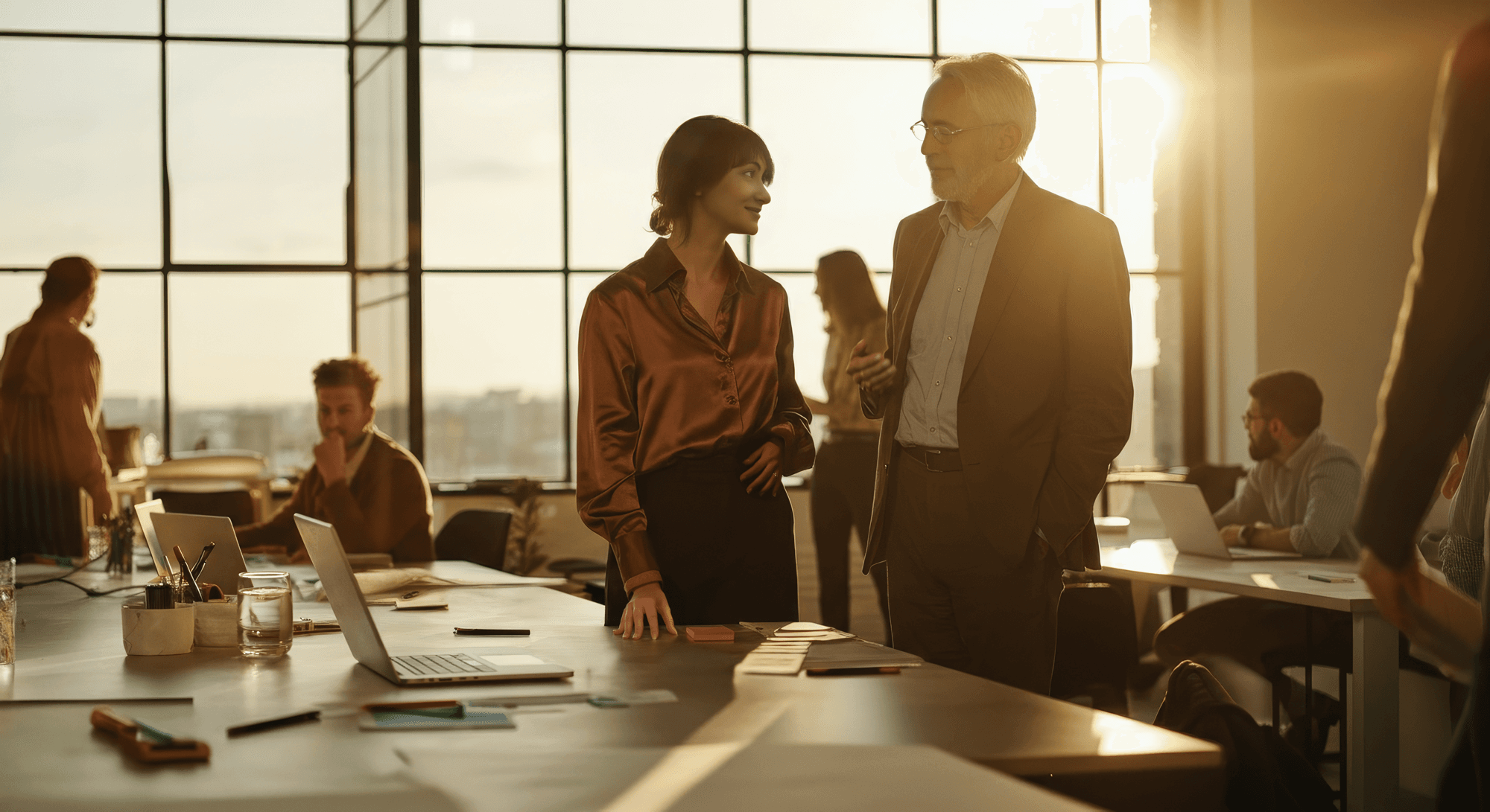 Professional office environment with team collaboration and warm lighting